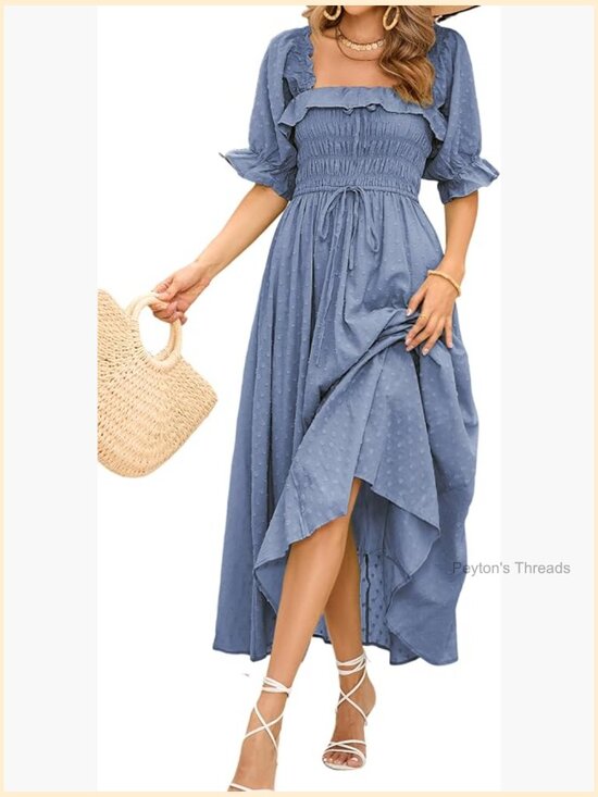 Dresses & Skirts - Square Neck Midi Dress Puff Sleeve Smocked Elastic Waist